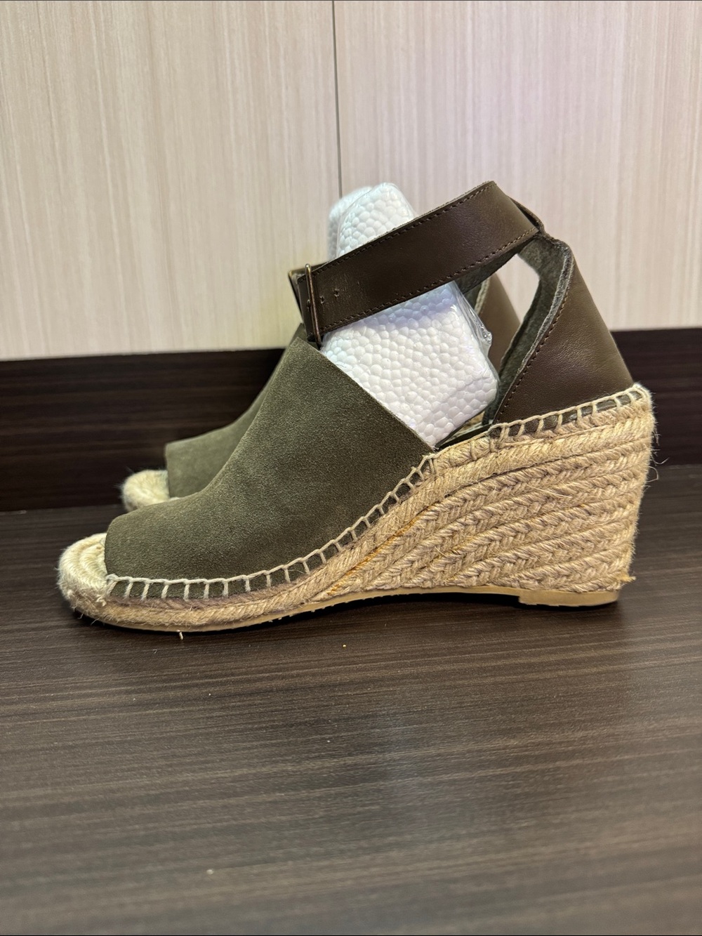 GAP Olive Green Suede Espadrille Wedge Sandals with Brown Ankle Strap - Picture 3 of 7